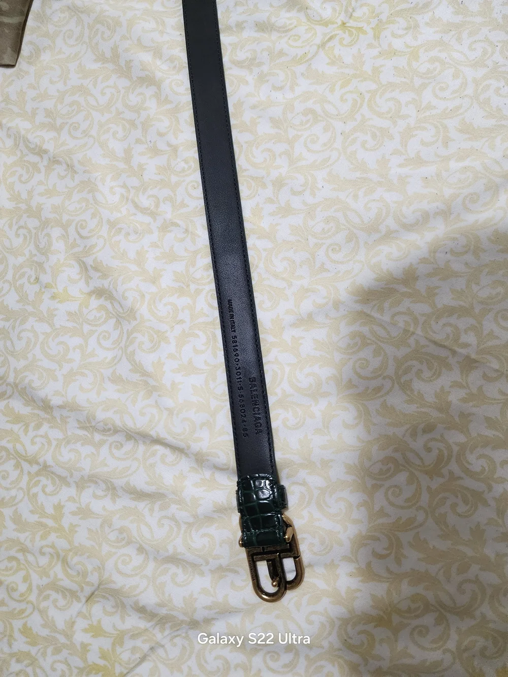 Balenciaga Black Leather Belt with Dark Green Croc-Accent and Gold Buckle